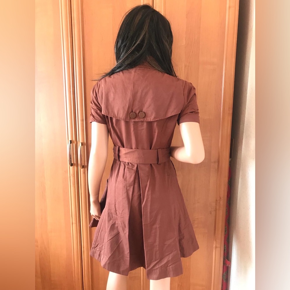 Bebe orange brown short sleeve trench coat dress with buttons and belt in sz S - Picture 4 of 14